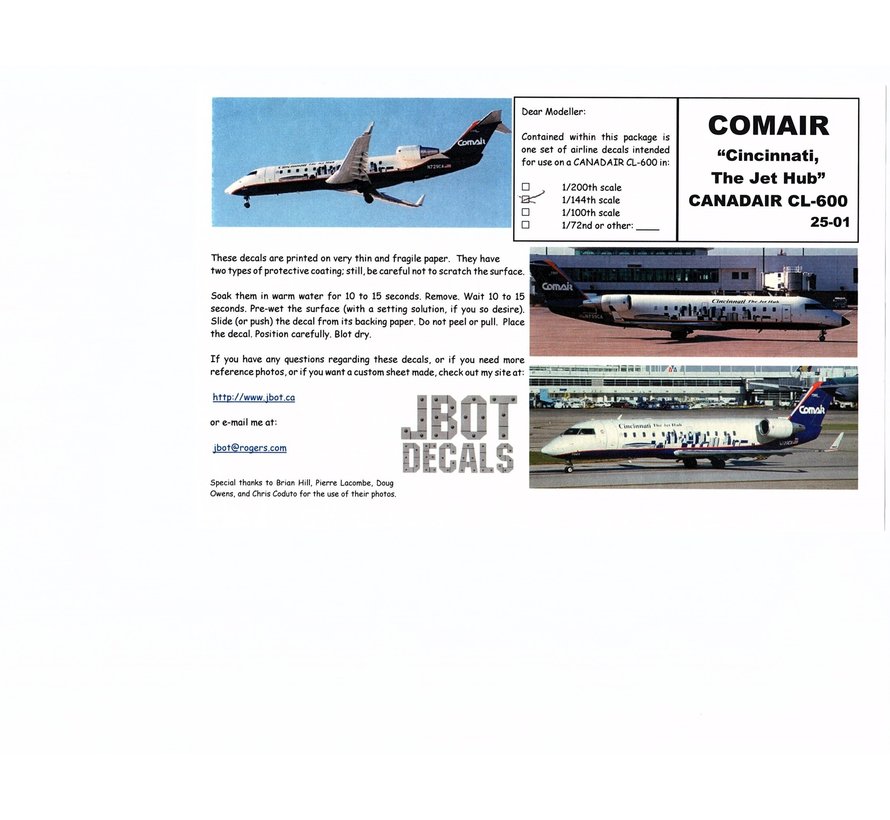 JBOT Canadair CL600 COMAIR 1:144 Decals