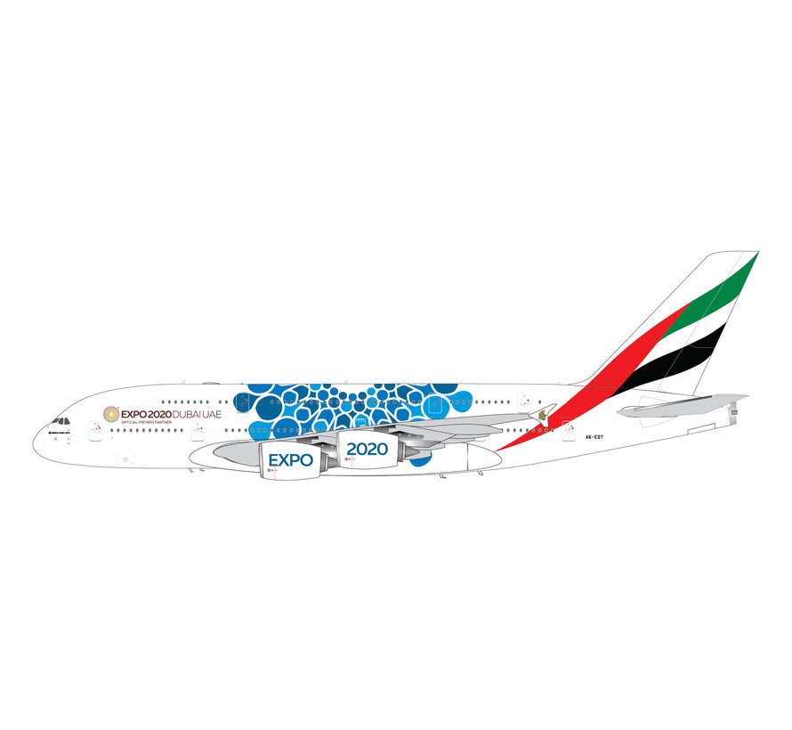 A380-800 Emirates Expo 2020 blue A6-EOT 1:200 with stand