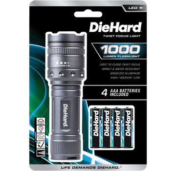 Dorcy Die Hard Flashlight aluminum twist focus LED 1000 Lumens (4 x AAA included)