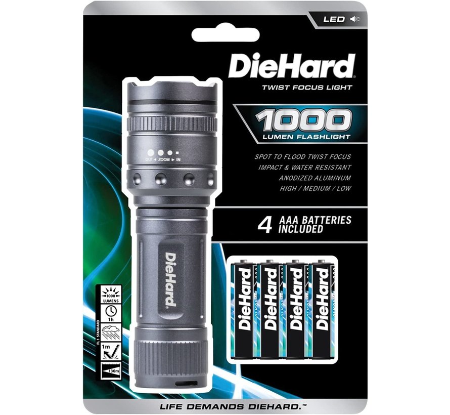 Die Hard Flashlight aluminum twist focus LED 1000 Lumens (4 x AAA included)