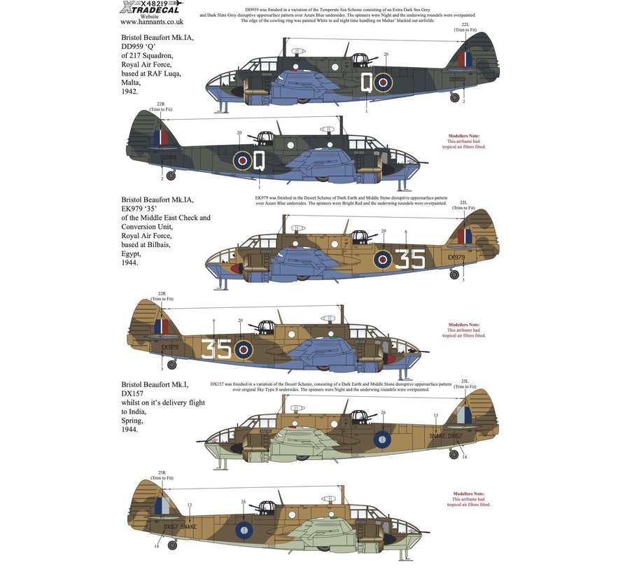 XTRADECAL Bristol Beaufort Mk.I/IA Collection Pt1 1:48 decals for 9 aircraft