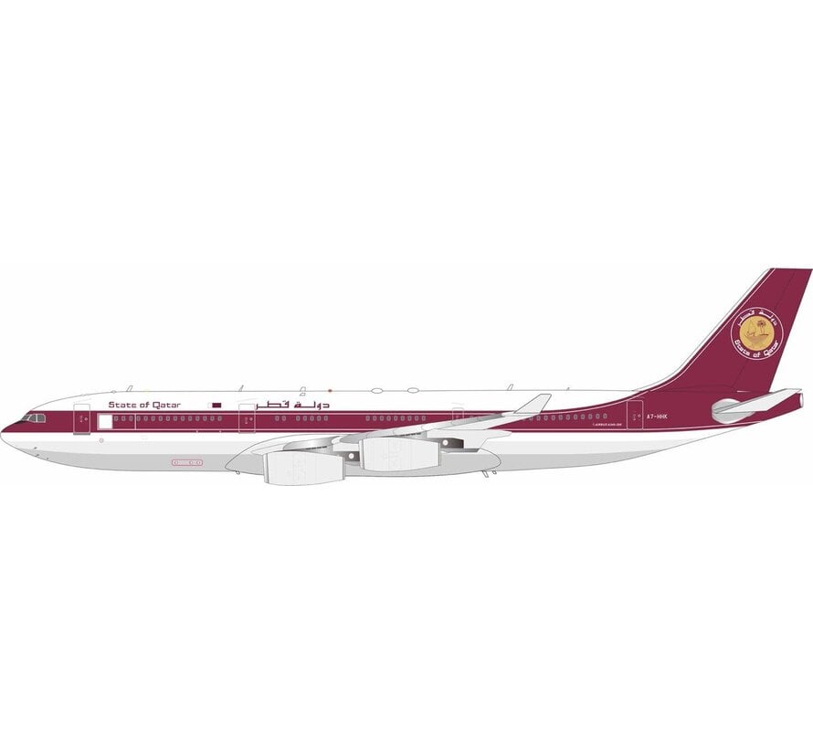 A340-200 State of Qatar Amiri Flight burgundy livery A7-HHK 1:200 with stand