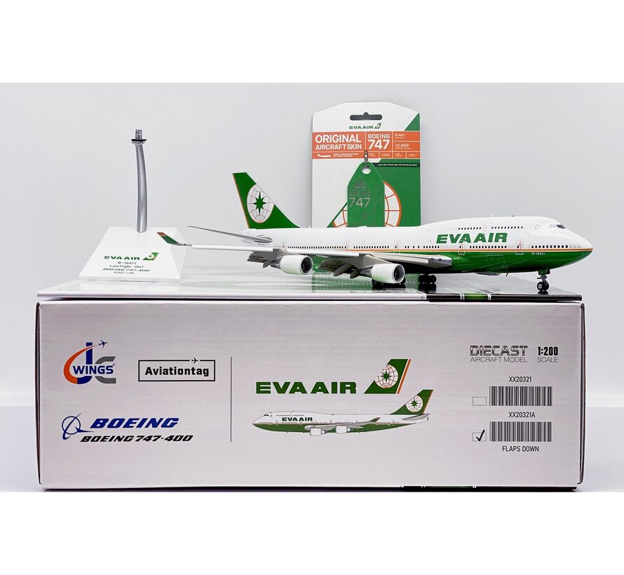 B747-400 EVA Air B-16411 1:200 flaps down (with limited edition Aviationtag)