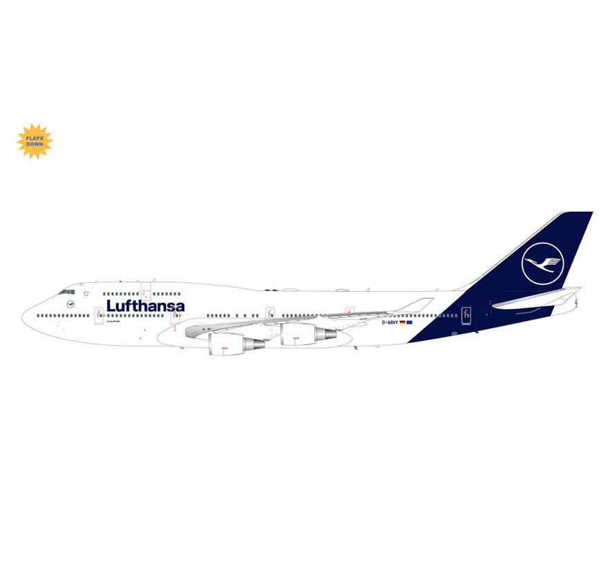 B747-400 Lufthansa 2018 livery D-ABVY 1:200 flaps down with stand