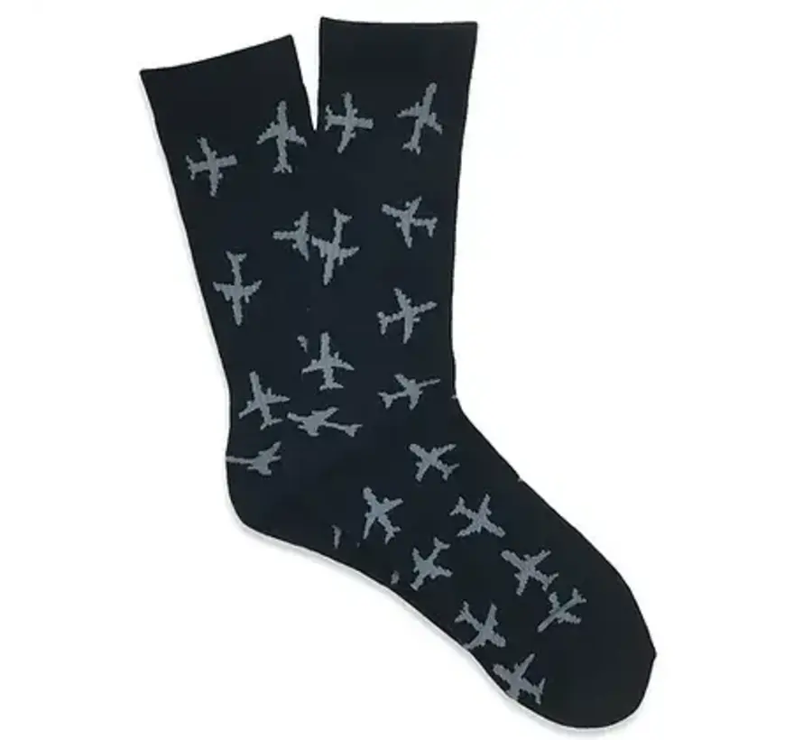 Premium Crew Socks Twin Jet  Black with Grey Airplanes