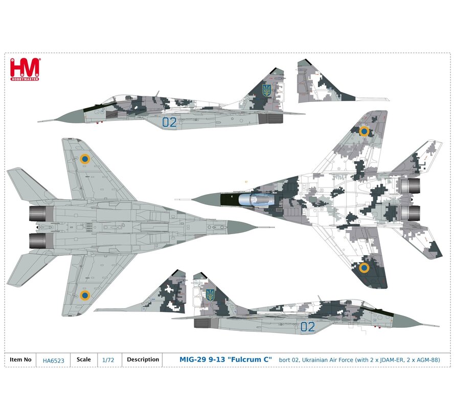 MIG-29 9-13 "Fulcrum C" bort 02, Ukrainian Air Force (with 2 x JDAM-ER, 2 x AGM-88) 1:72
