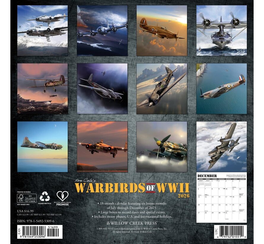 Warbirds of World War II Art of Ron Cole 18 month wall Calendar 2026