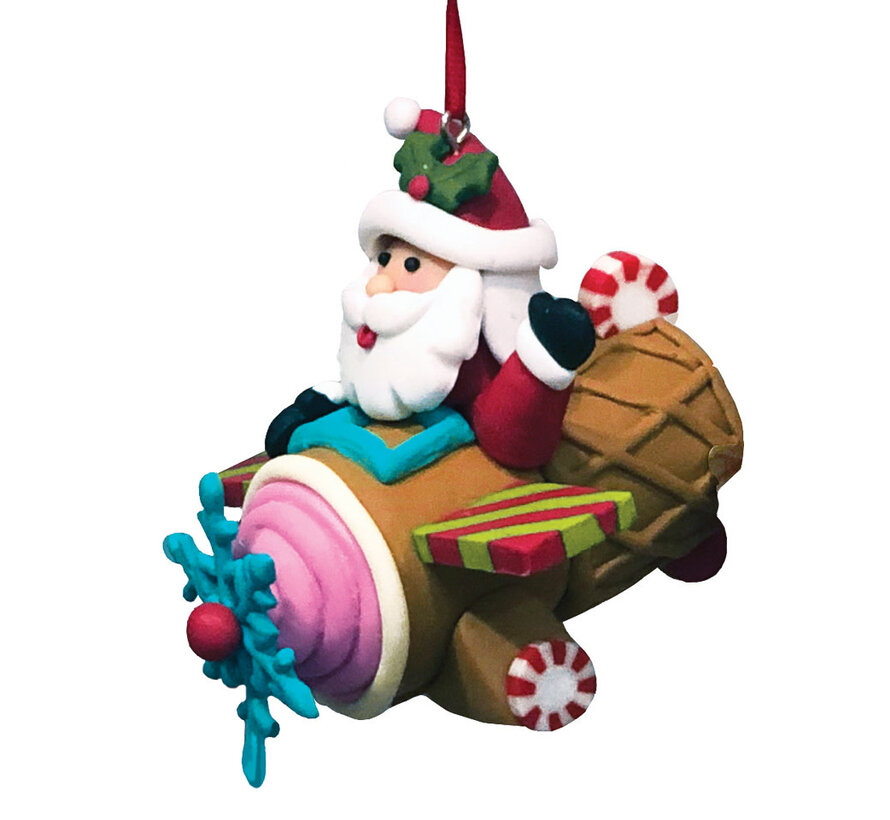 Santa on a ice cream cone airplane ornament
