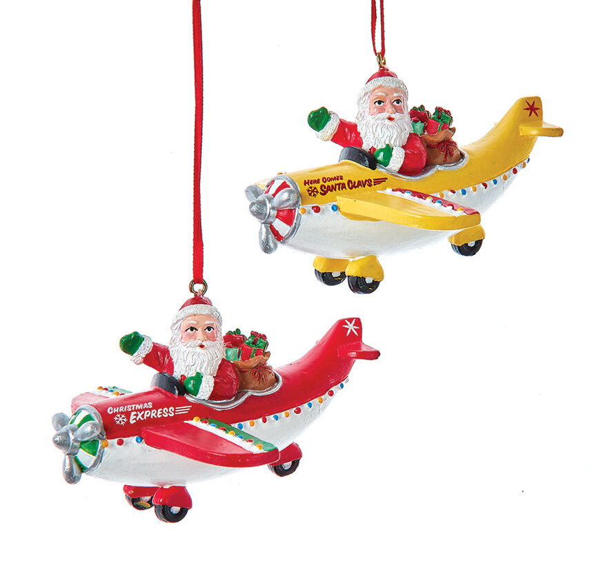 Santa in an Airplane Ornament Yellow