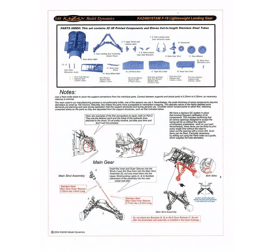 KAZAN F-16A/B/C/D Lightweight Landing Gear set 1:48 [3D printed parts for Tamiya F16 kits]