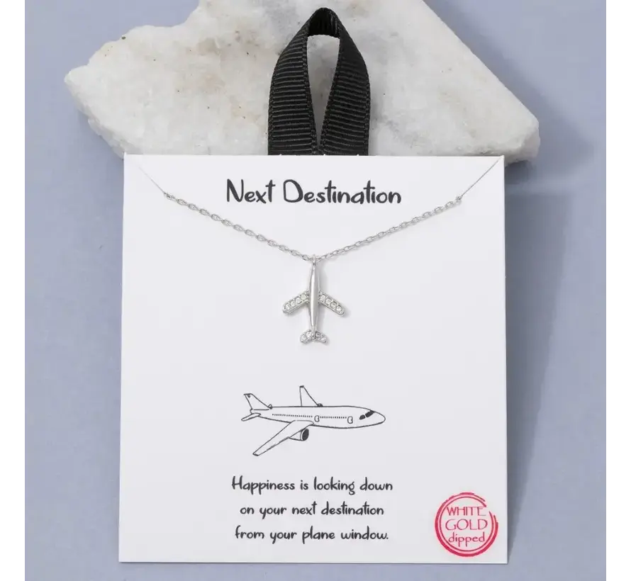Rhodium Dipped Pave Airplane Pendant Necklace
