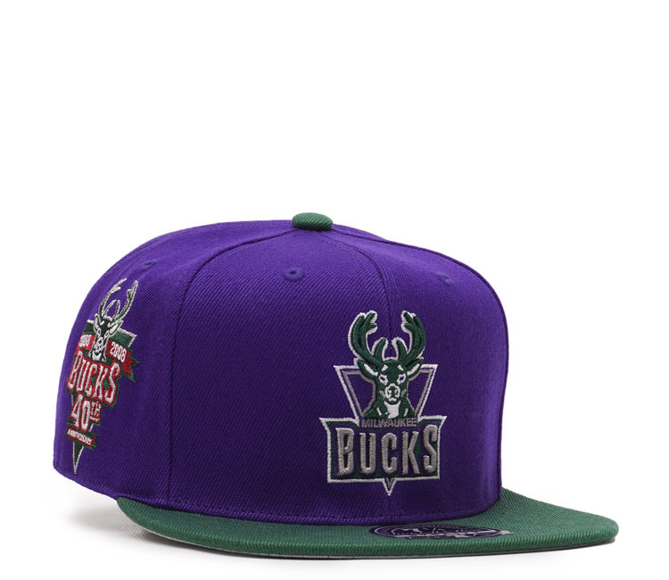 Men's Mitchell & Ness Purple/Hunter Green Milwaukee Bucks Hardwood Classics 40th Anniversary Team Side Fitted Hat