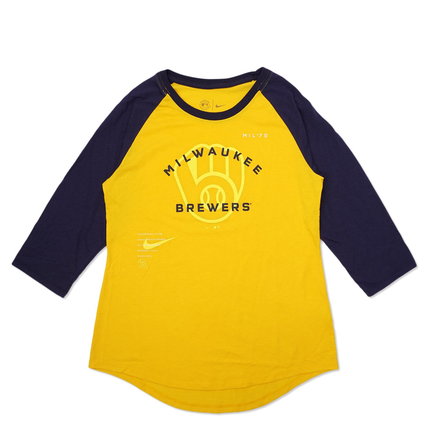 Women's Nike Gold/Navy Milwaukee Brewers Next Up Tri-Blend Raglan 3/4-Sleeve T-Shirt Size: Extra Small