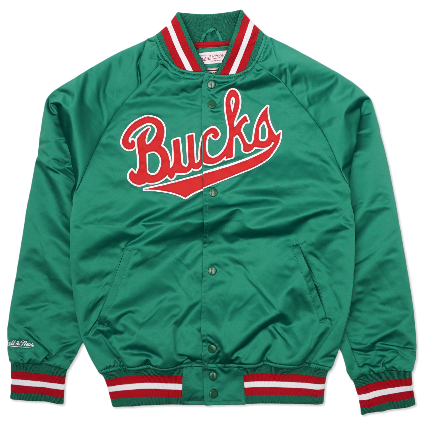 Men's Mitchell & Ness Hunter Green Milwaukee Bucks Throwback Wordmark Satin Full-Snap Raglan Jacket Size: Medium