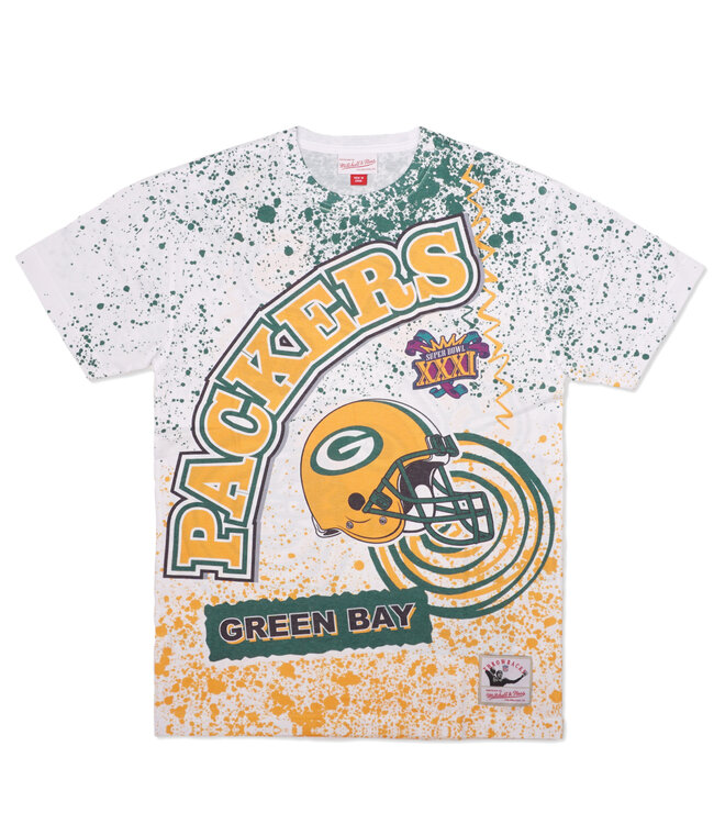 Men's Mitchell & Ness White Green Bay Packers Team Burst Sublimated T-Shirt Size: 3XL