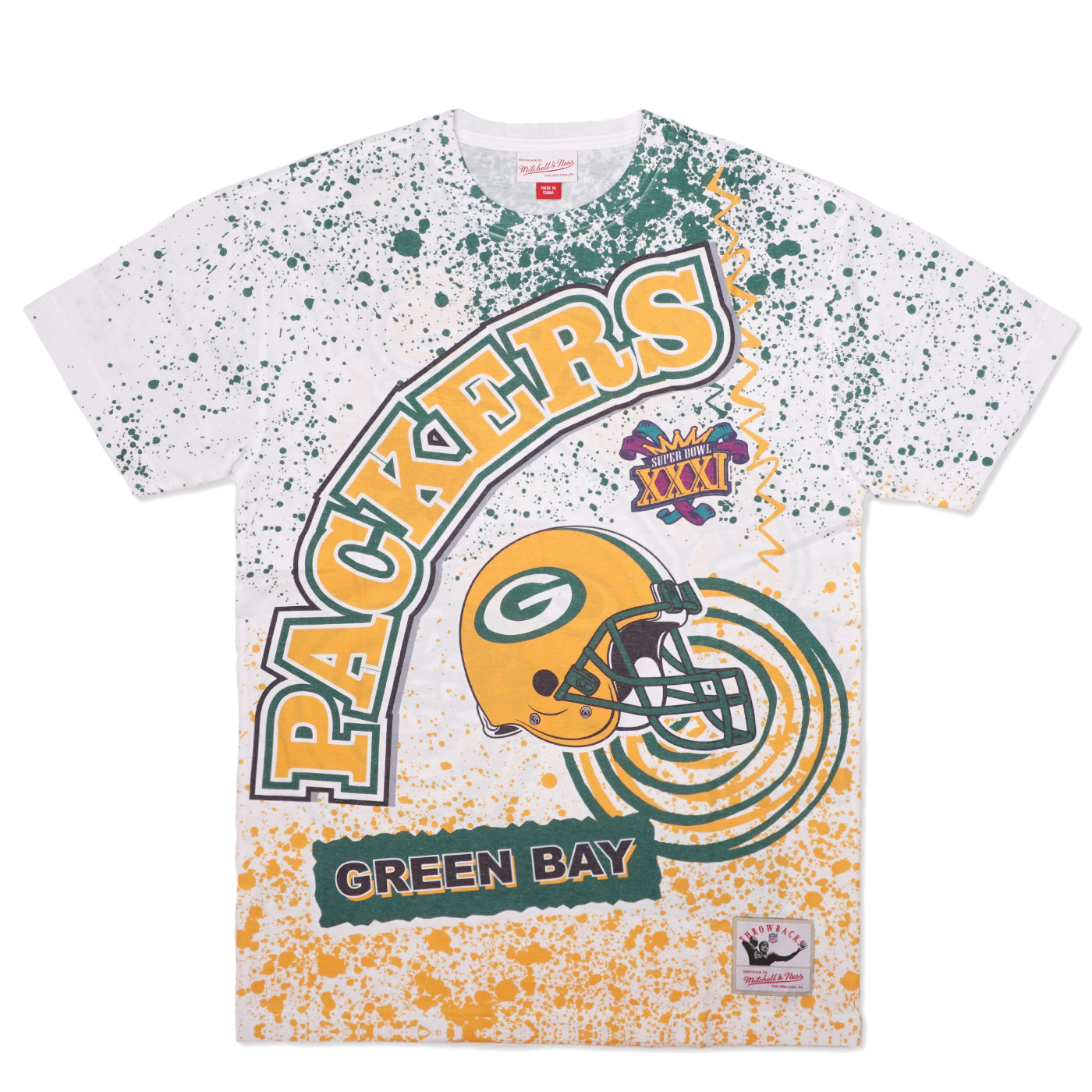 Men's Mitchell & Ness White Green Bay Packers Team Burst Sublimated T-Shirt Size: 3XL