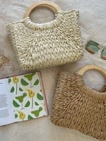 wooden handle square straw bag