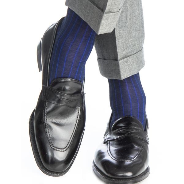 Dapper Classics - Navy with Clematis Blue Vertical Stripe - Cotton - Over The Calf