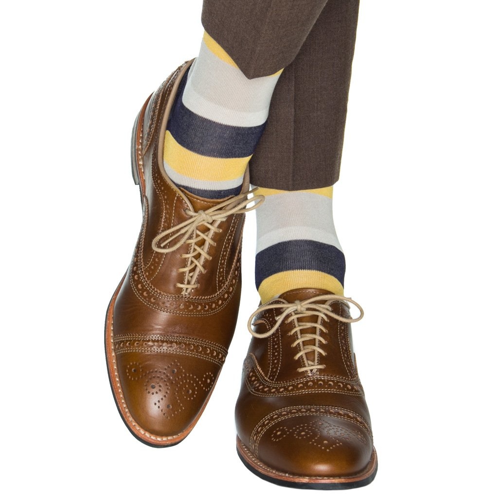 Dapper Classics - Indigo Blue/Cream/Classic Navy/Tan and Yolk Double Stripe - Cotton - Over The Calf