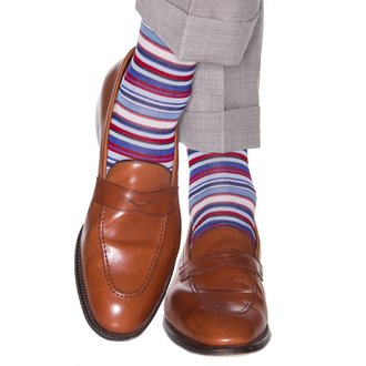 Dapper Classics Dapper Classics - Navy/Sky/Azure Blue/Clematis Blue/Cream/Coral/Red Variegated Stripe - Cotton - Over The Calf