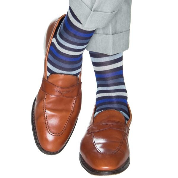 Dapper Classics - Classic Navy/Cream/Clematis Blue/Indigo Blue/Sky Blue Quad Stripe - Cotton - Over The Calf