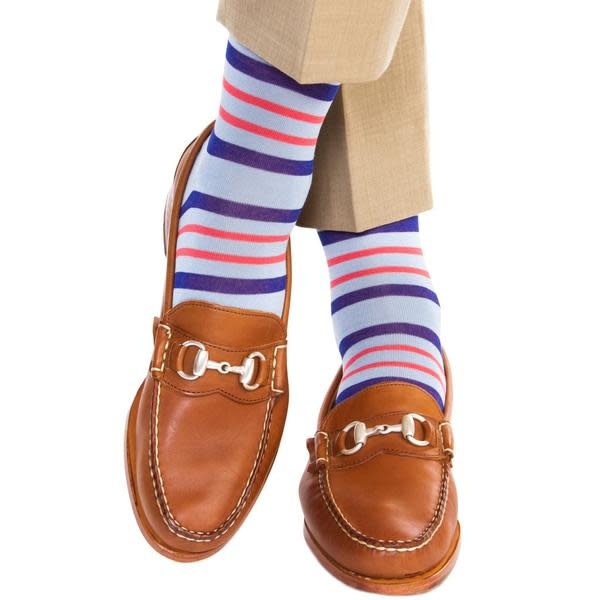 Dapper Classics - Sky Blue with Clematis Blue and Coral Double Stripe - Cotton - Over The Calf