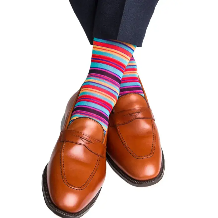 Dapper Classics Dapper Classics - Clematis Blue with Rose/Yolk and Tigerlily Orange Stripe - Cotton - Over The Calf
