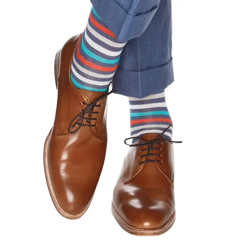Dapper Classics Dapper Classics - Indigo Blue/Cream/Ceramic/Tigerlily Orange and Tan Quad Stripe - Cotton - Over The Calf