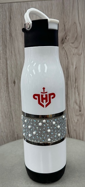 Mybevi 20oz White Bedazzled Steel Insulated Water Bottel w/ LHP Logo in Red 23