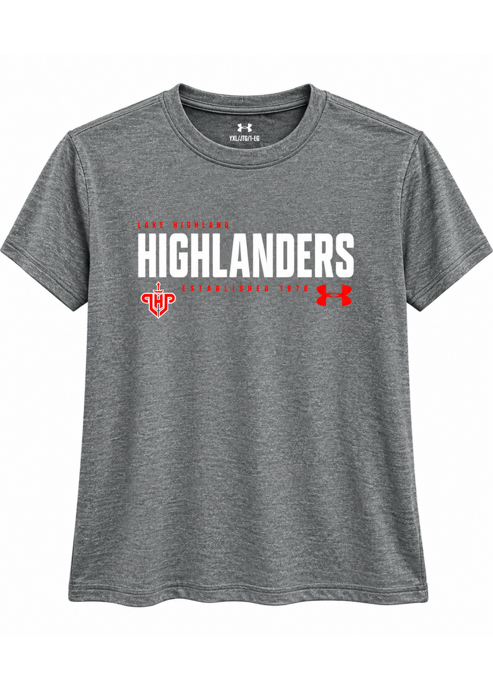 UA Youth Tech Tee SS Bold White Highlanders over Est 25