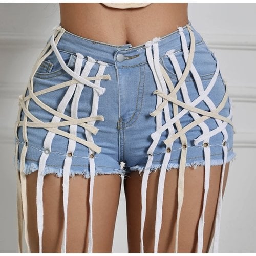 RICK RICK SHOE LACE DENIM SHORTS