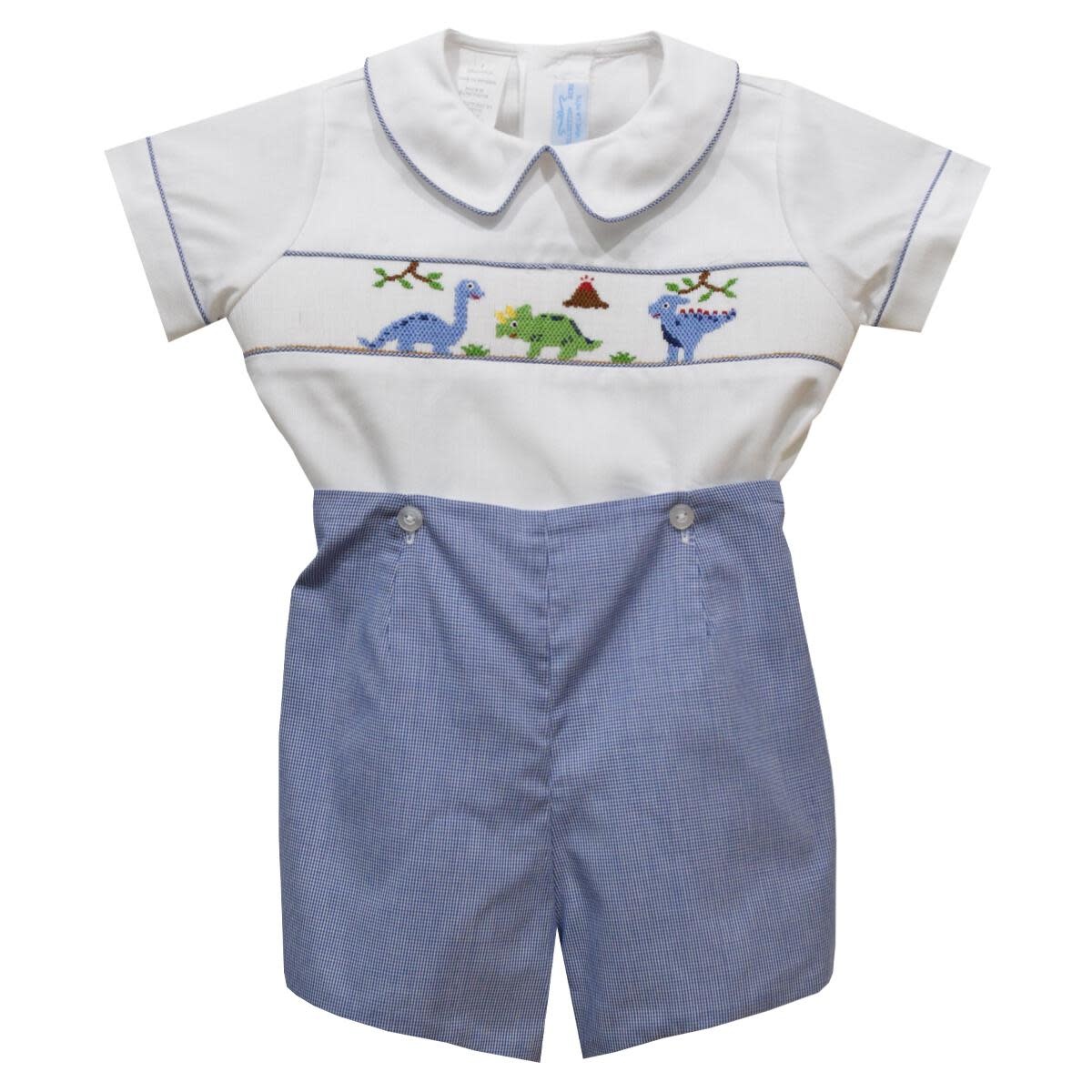 Dinosaurs Smocked Royal Micro Check Short Sleeve Button Onset Doodlebugs Children S Finery Gifts