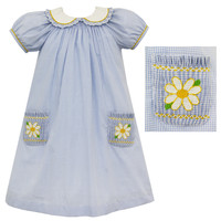 Anavini Daisy Flower Lt Blue Gingham Dress w/Collar and Smocked Pockets