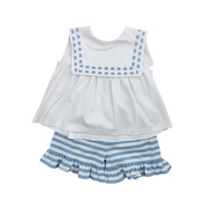 Delaney Blue Stripe Knit Square Collar Girl Short Set