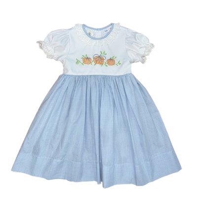 Lulu Bebe Light Blue Mini Check Dress with Lace and Pumpkin Embroidery