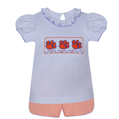 Southern Saturday Orange/Purple Smocked Girl Short Set