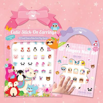 Girl Nation Cutie Stick-On Earring and Nail Sticker Gift Set- Animals