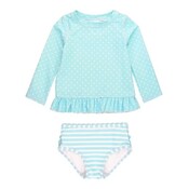 RuffleButts Tropical Breeze Polka Dot Long Sleeve Rash Guard Bikini