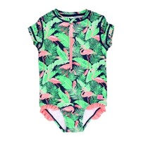 RuffleButts Flamingo Frenzy Girls Short Sleeve Rash Guard One Piece