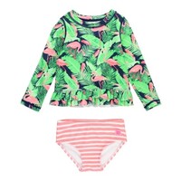 RuffleButts Flamingo Frenzy Ruffle Hem Rash Guard 2-Piece