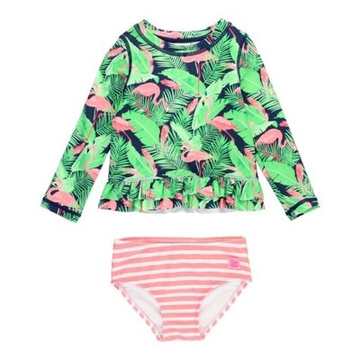 RuffleButts Flamingo Frenzy Ruffle Hem Rash Guard 2-Piece