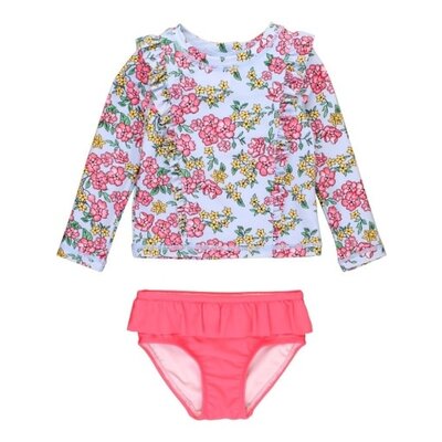 RuffleButts Cheerful Blossoms Princess Seam Ruffle Rash Guard 2-Piece