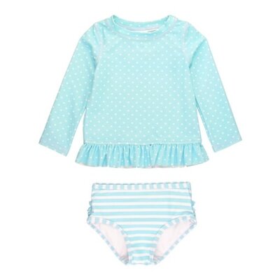 RuffleButts Tropical Breeze Polka Dot Long Sleeve Rash Guard Bikini