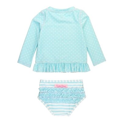 RuffleButts Tropical Breeze Polka Dot Long Sleeve Rash Guard Bikini