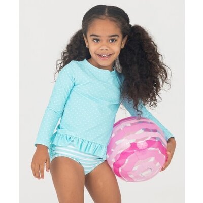 RuffleButts Tropical Breeze Polka Dot Long Sleeve Rash Guard Bikini