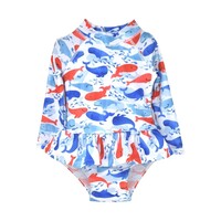 Flap Happy Splish Splash Whale Blue Alissa Infant Ruffle Rash Guard Swimsuit UPF50