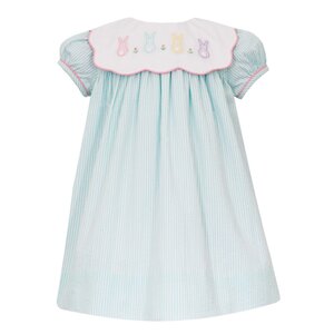 Anavini Cotton Tail Aqua Stripe Seersucker Dress w/ Scalloped Collar