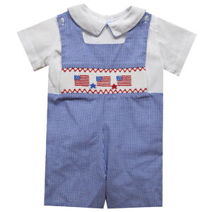 Vive La Fete 4th of July Smocked Royal Check Shortall w/Shirt