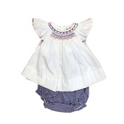 Petit Ami White Angel Sleeve Dress w/ Red Ric Rac and Blue Gingham Diaper Set