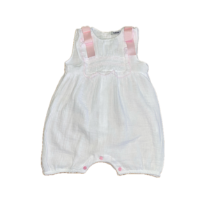 Babidu Violeta White Muslin Girl's Romper /w  Pink Ribbons